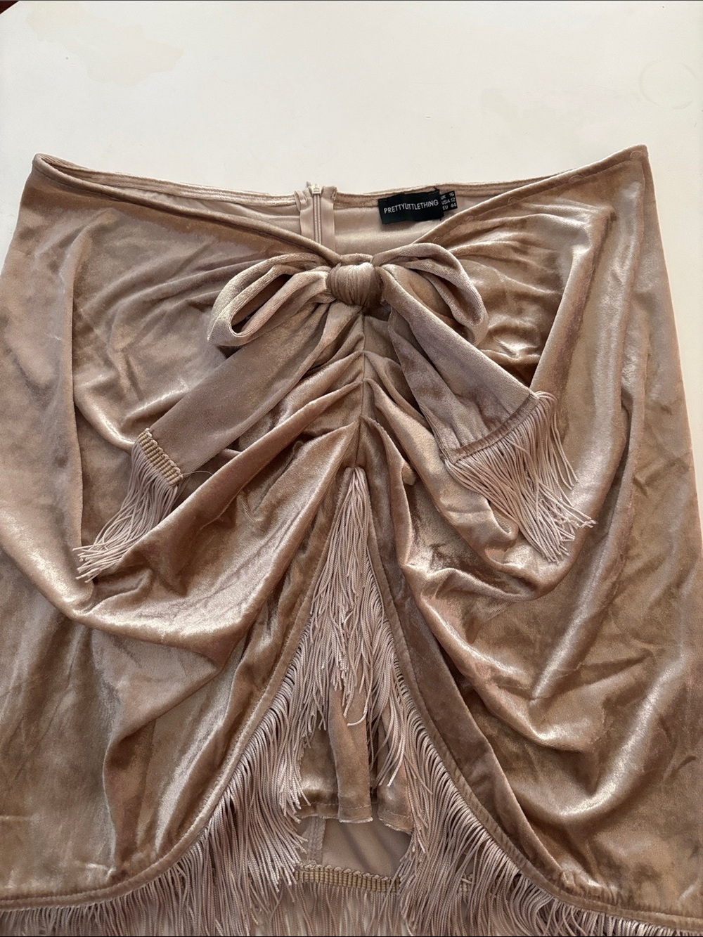 PrettyLittleThing Taupe Velvet Fringe Tie Top
